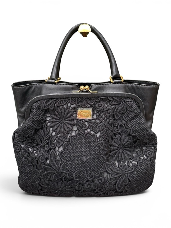 Dolce & Gabbana Handbags - Dolce & Gabbana Black Floral Lace Leather Satchel Leopard Lined | Italy with COA